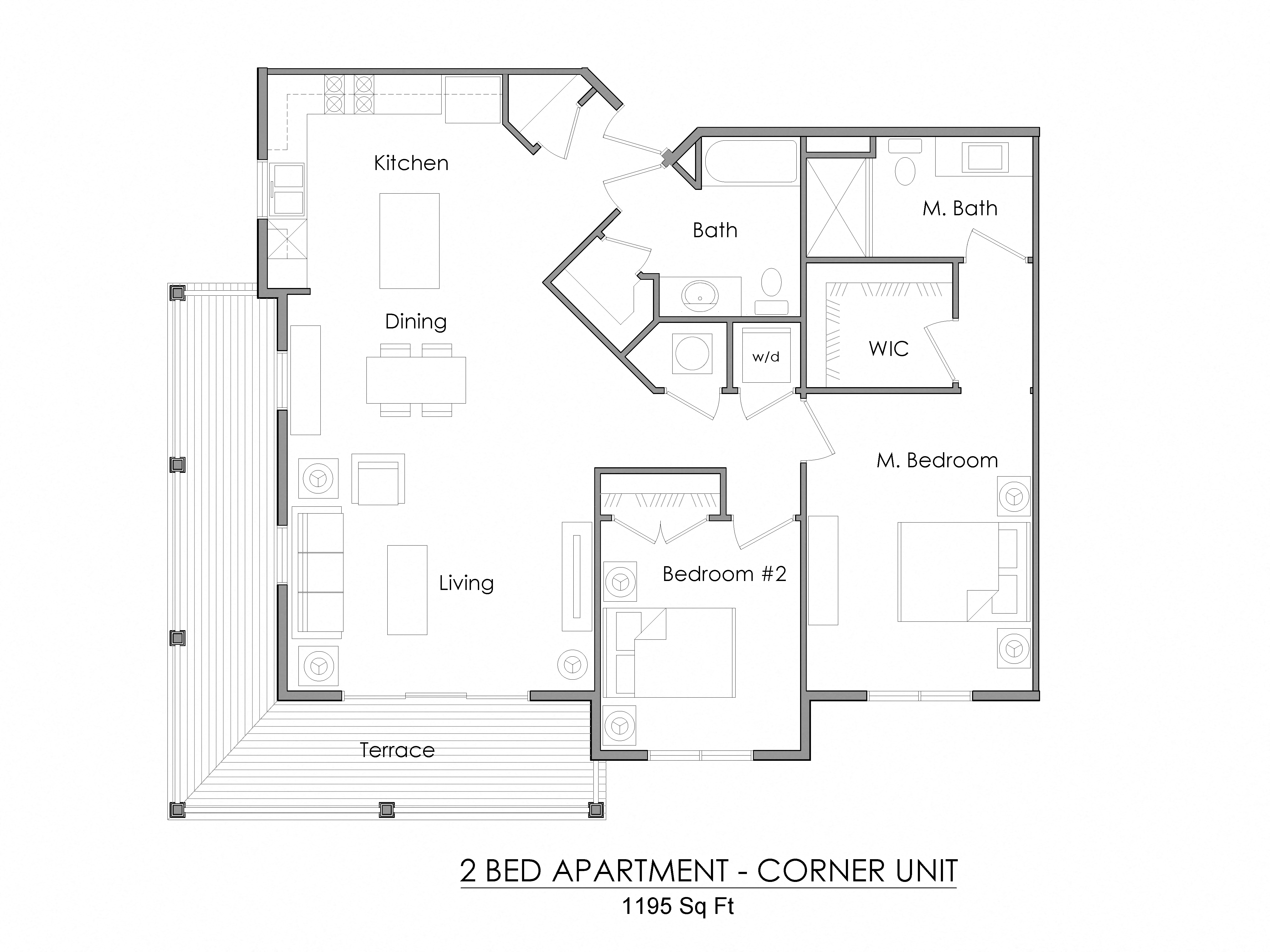 Floor plan for 2 beds, 2 baths, 1195 sqft